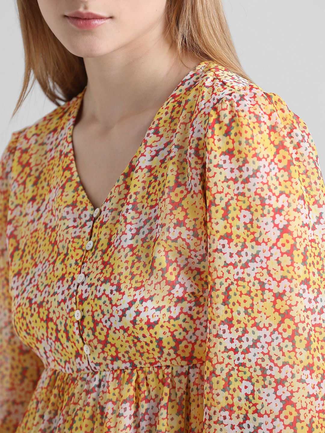 Yellow Floral Chiffon Mini Dress