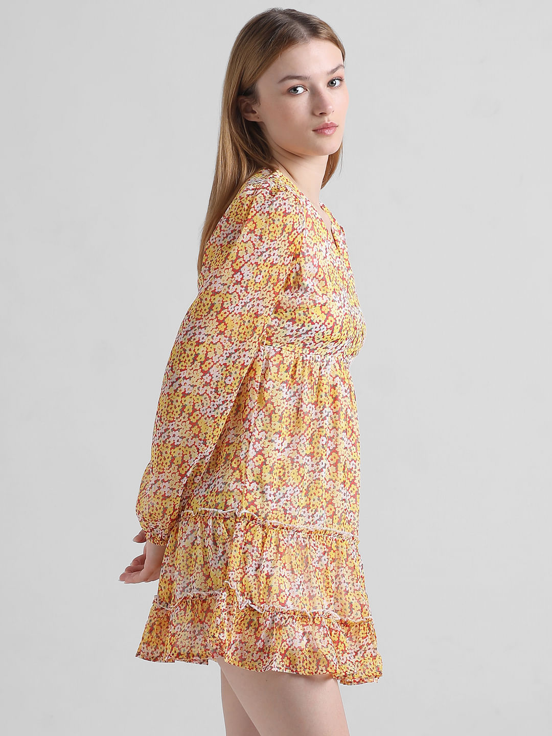 Yellow Floral Chiffon Mini Dress