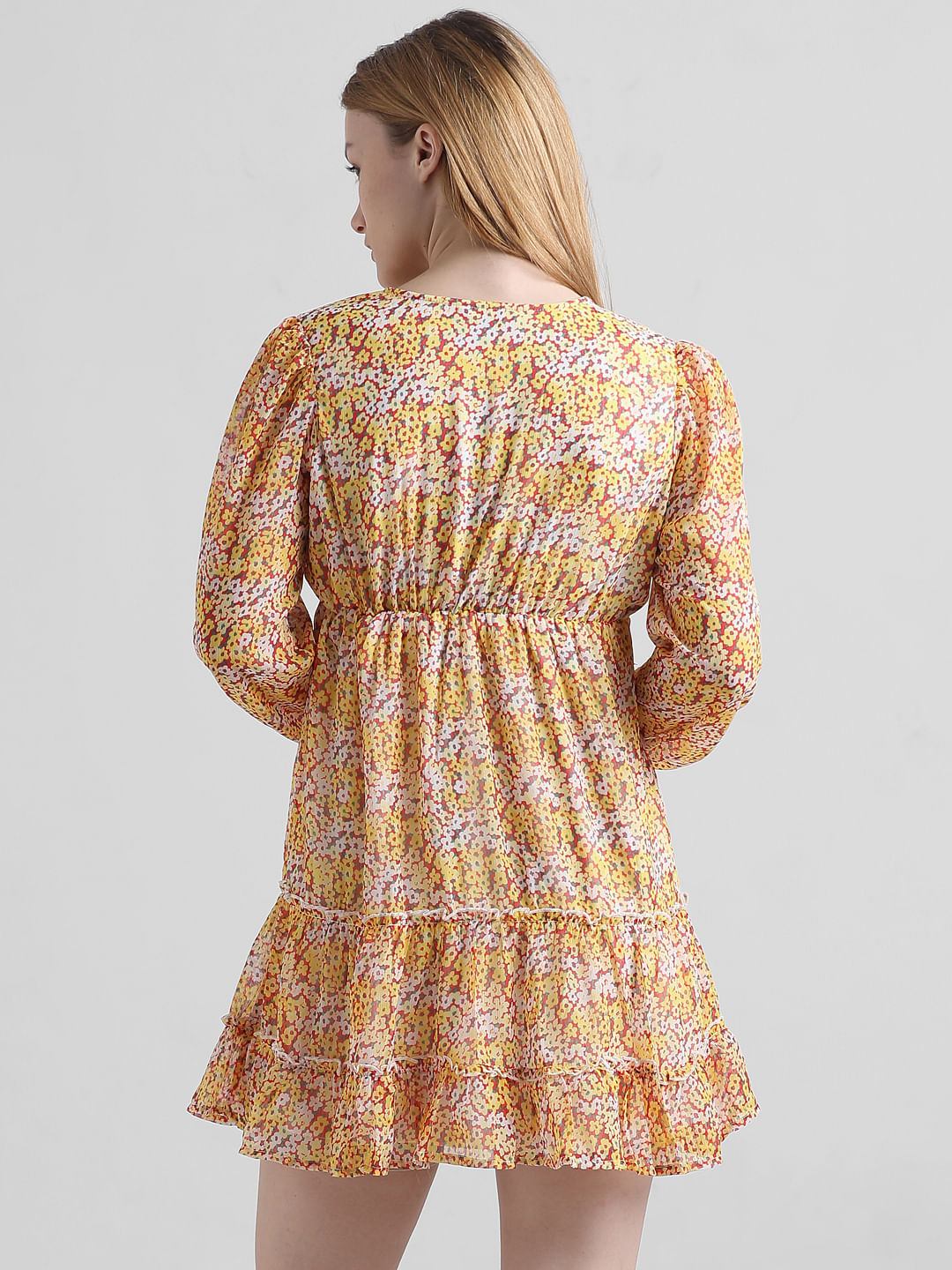 Yellow Floral Chiffon Mini Dress