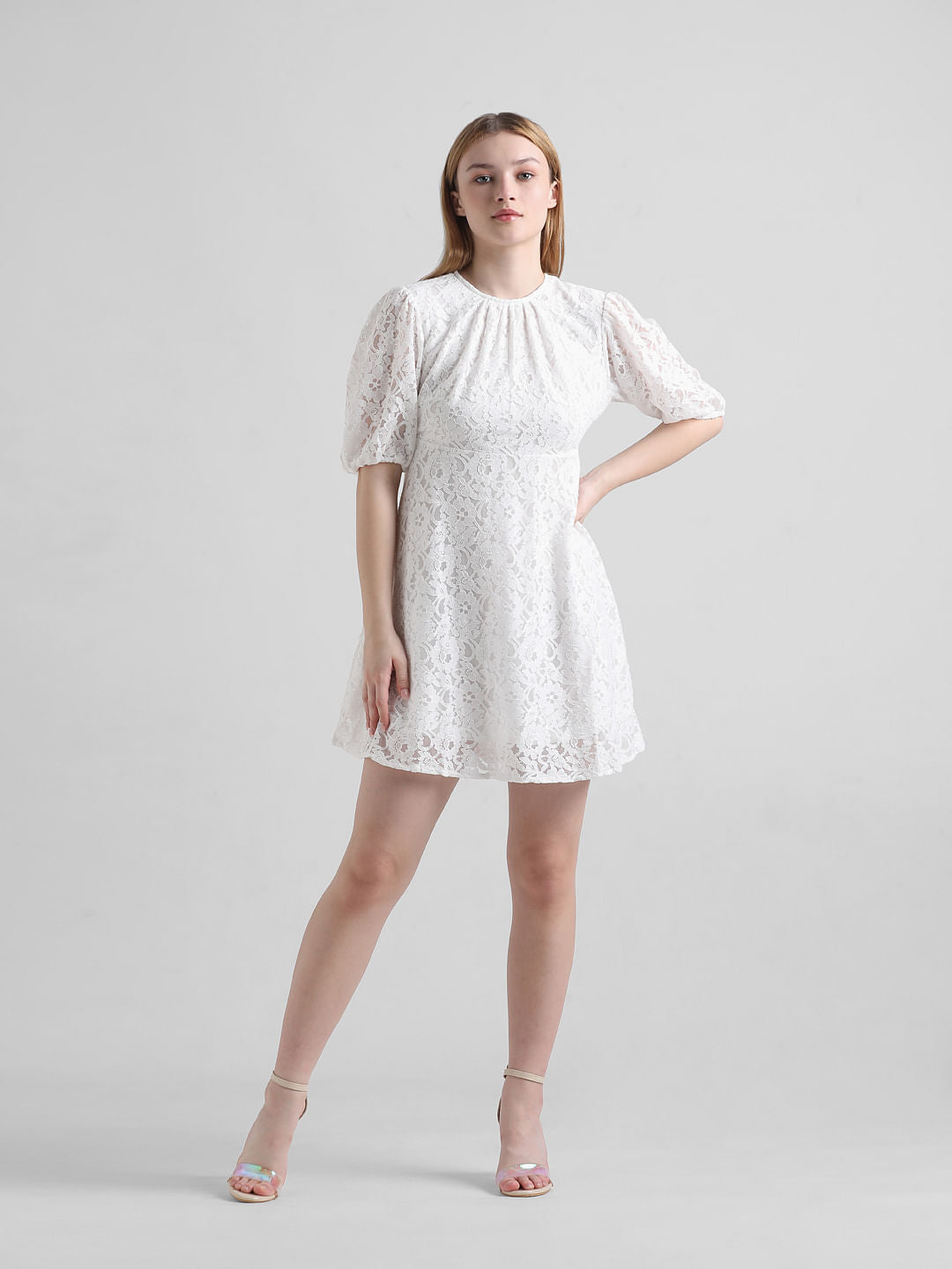 White Lace Puff Sleeves Dress