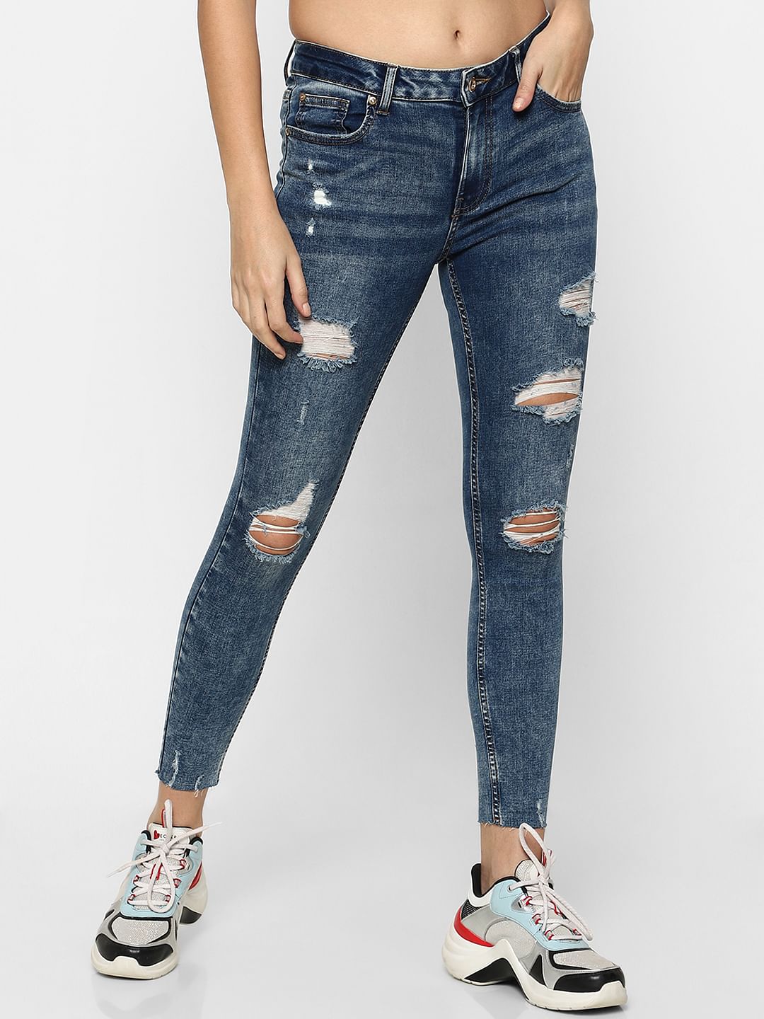 Blue High Rise Ripped Skinny Jeans
