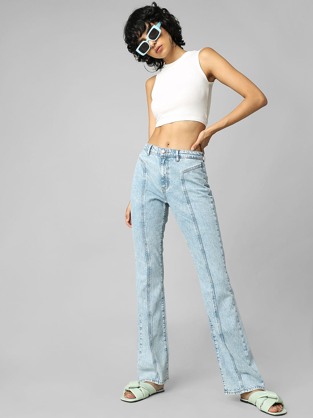 Blue High Rise Lightning Patch Flared Jeans