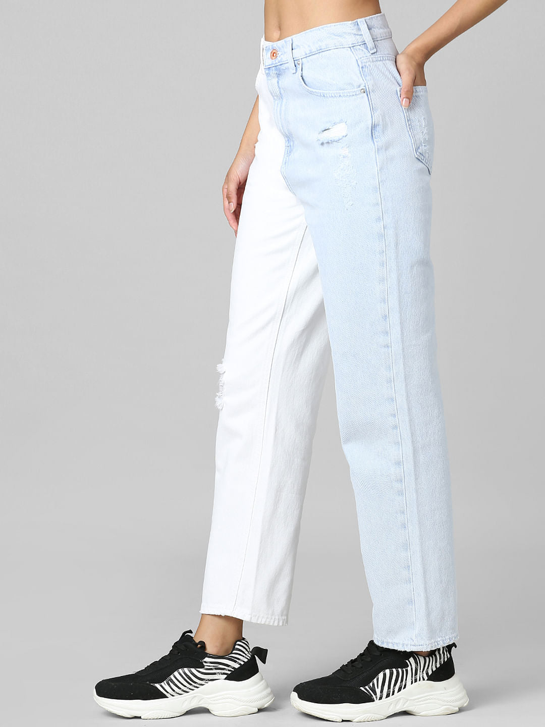 Blue High Rise Colourblocked Straight Fit Jeans