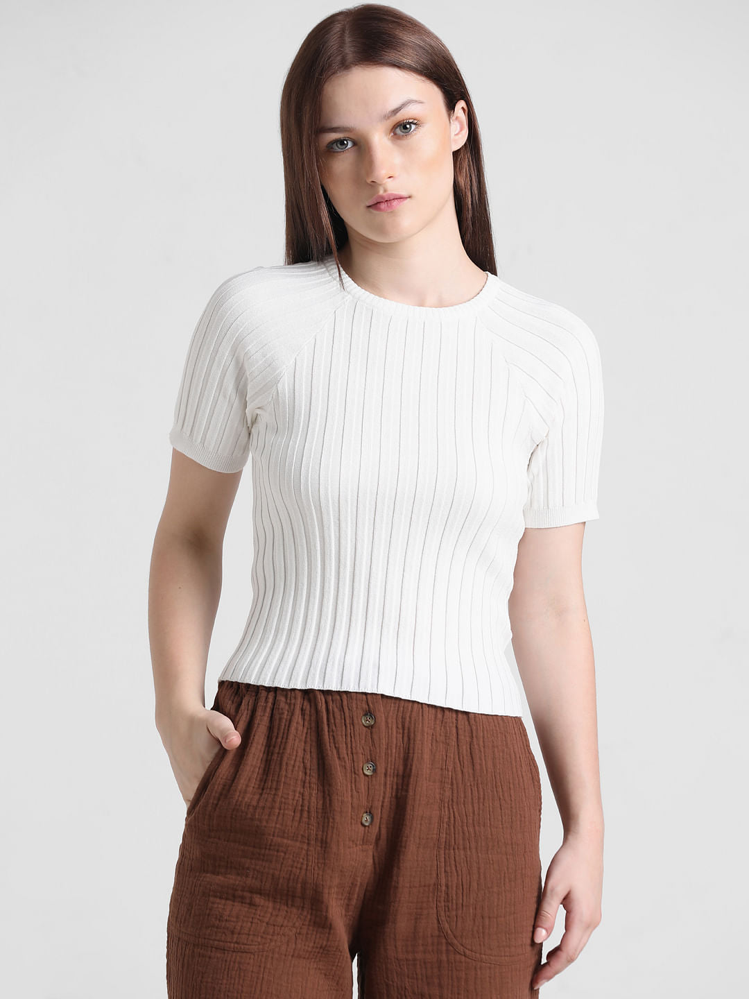 White Ribbed Fitted Pullover