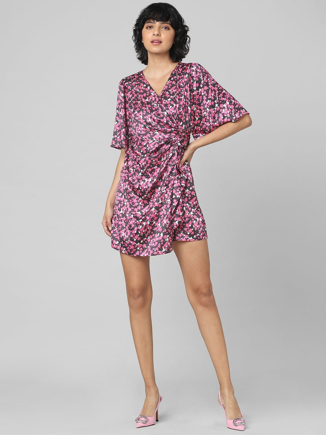 Pink Floral Print Satin Wrap Dress