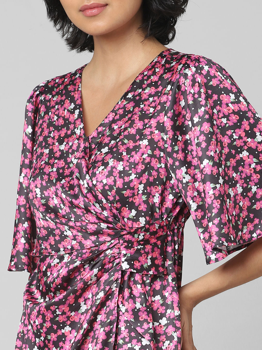 Pink Floral Print Satin Wrap Dress