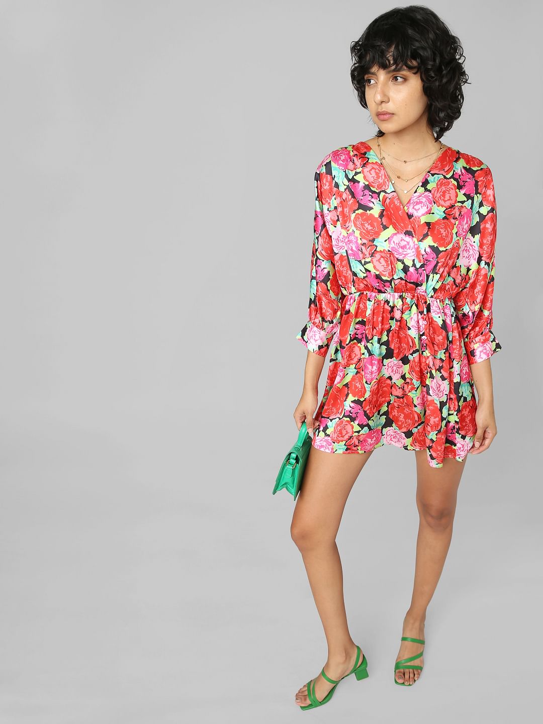 Red Floral Wrapover Satin Dress