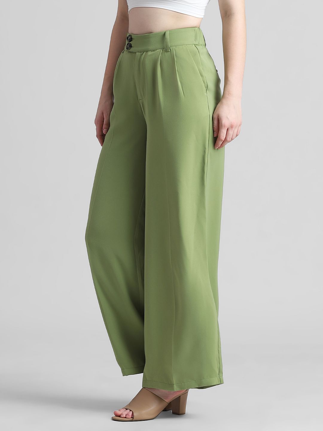 Green High Rise Wide Leg Pants