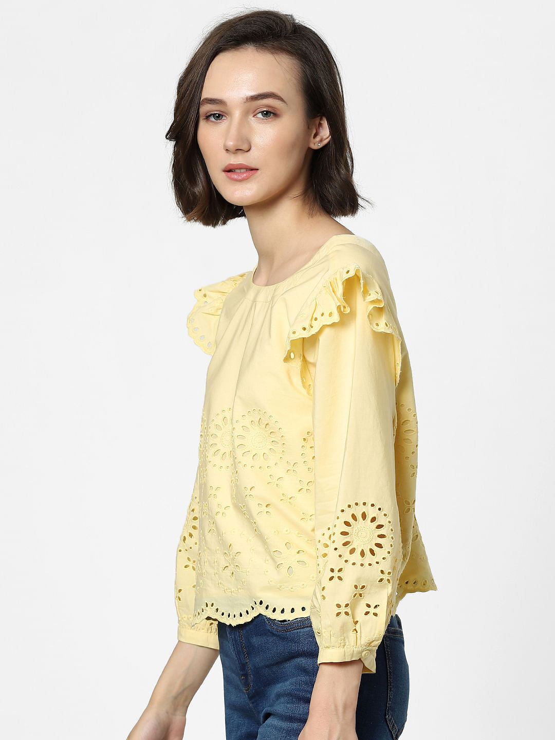Yellow  Schiffli Embroidered Top