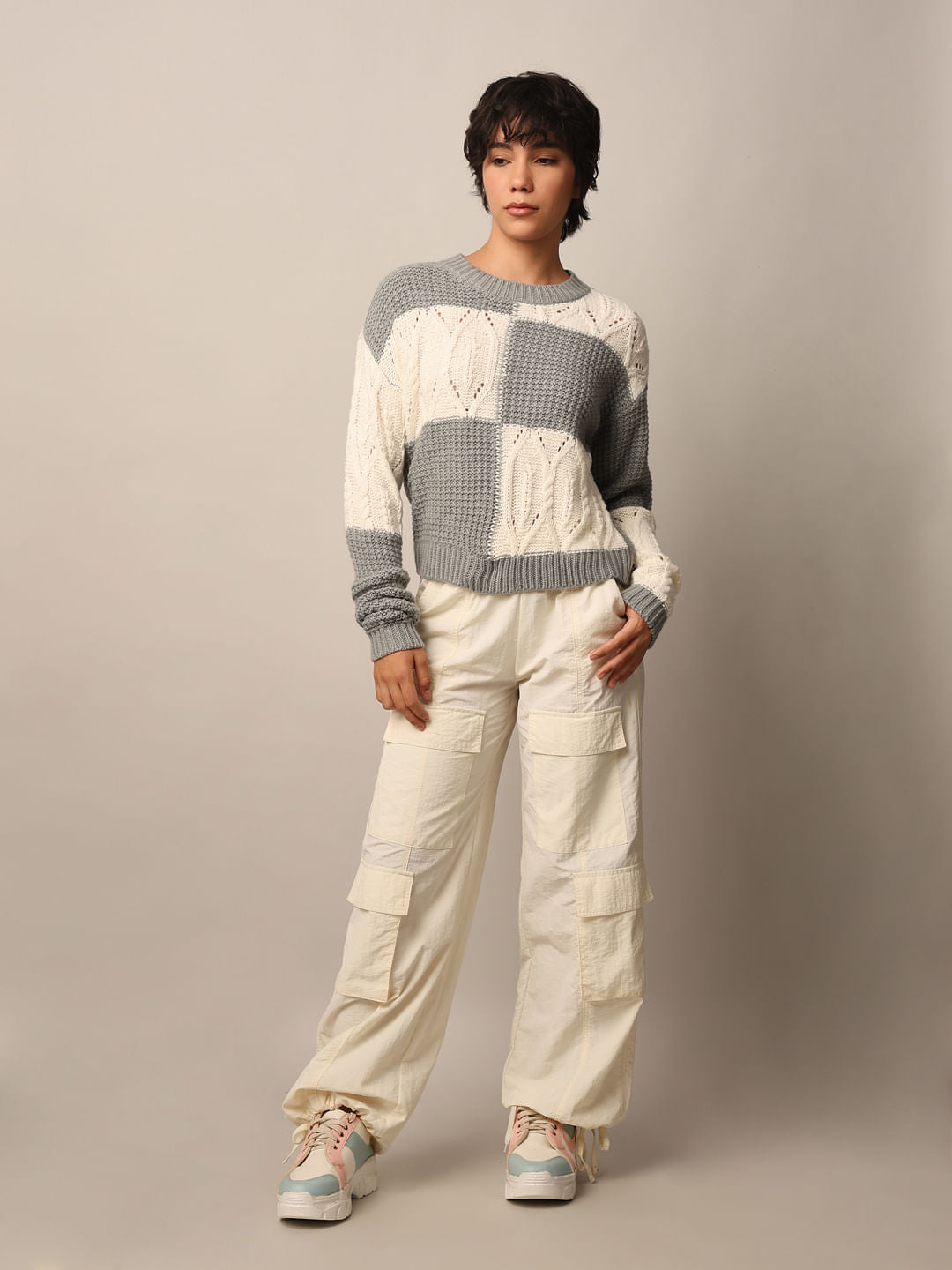 Grey Printed Structured Pullover