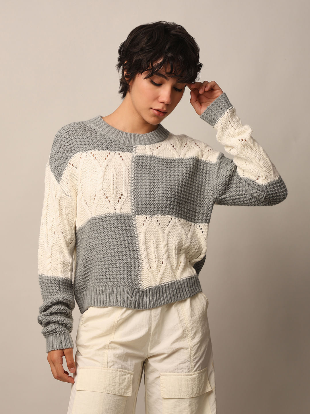 Grey Printed Structured Pullover