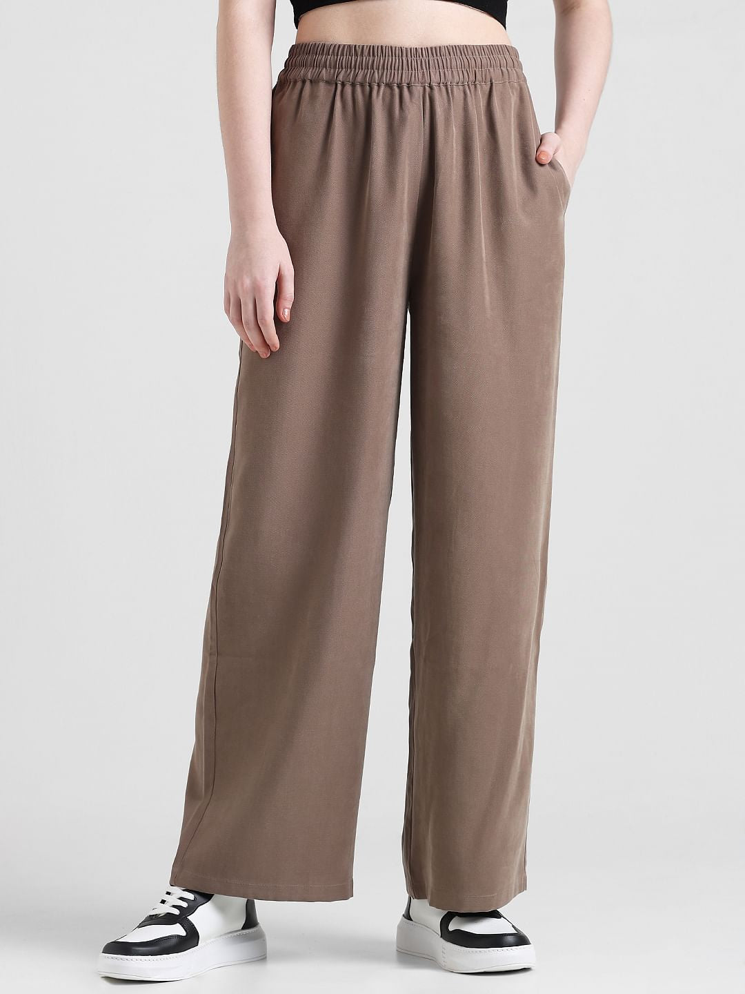 Brown High Rise Wide Leg Twill Pants