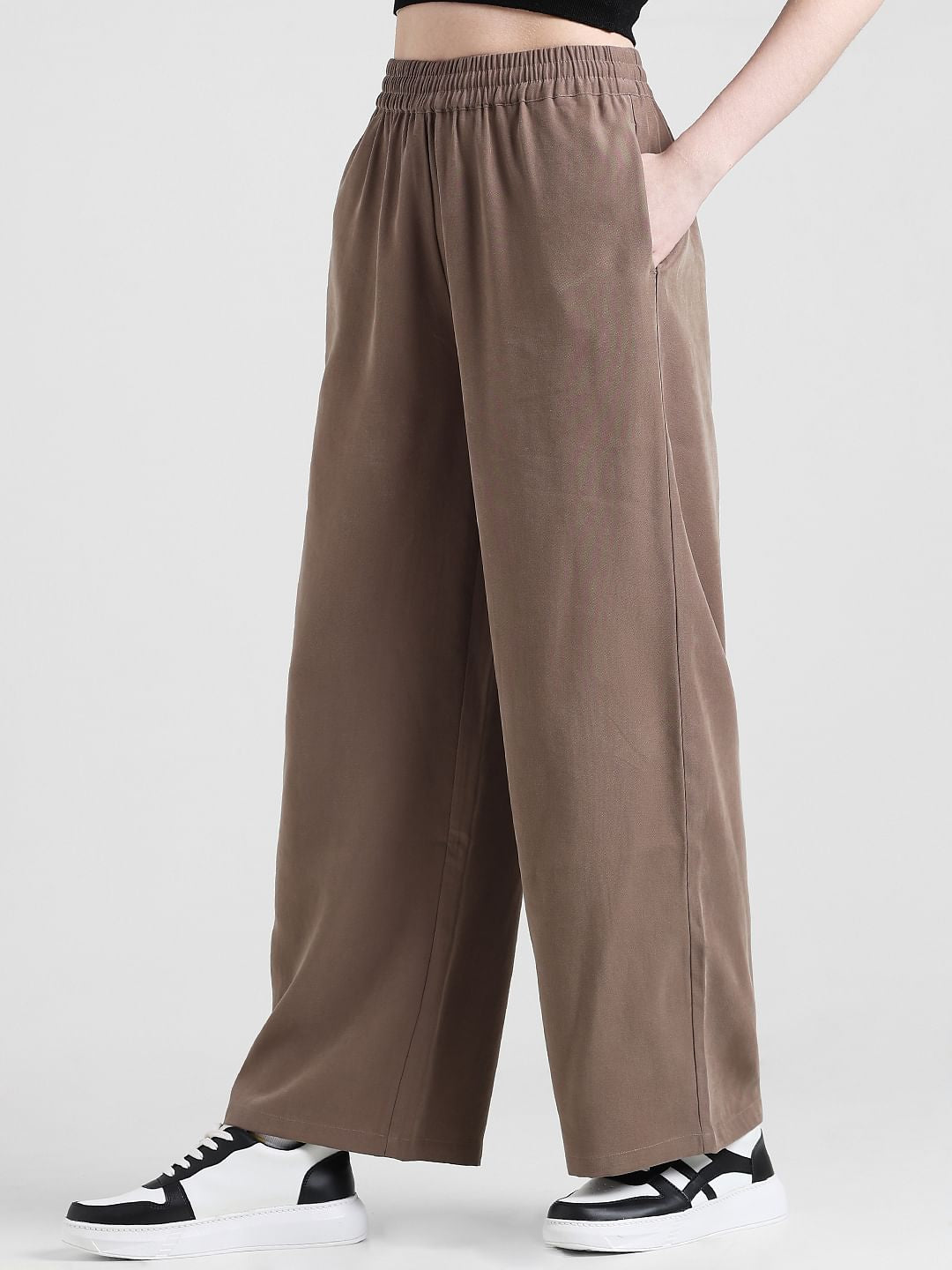 Brown High Rise Wide Leg Twill Pants