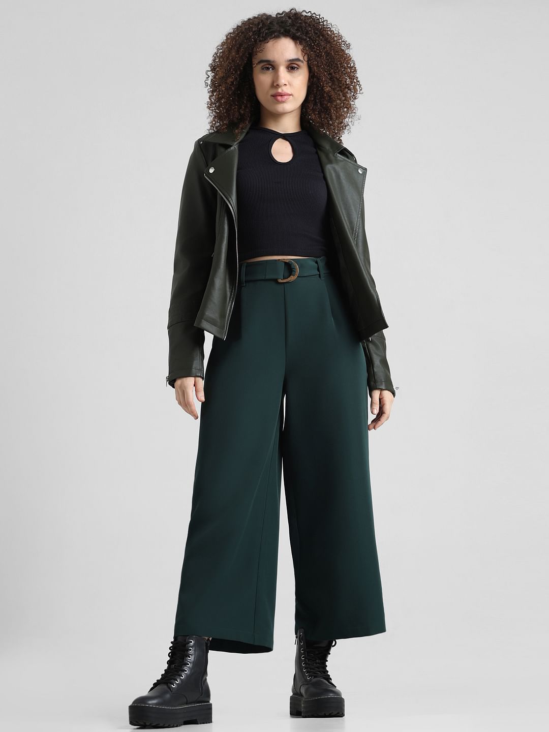 Green Mid Rise Belted Culottes