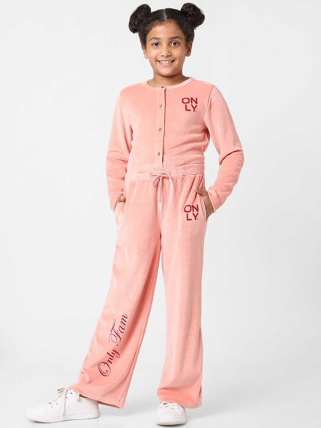 Girls Pink Mid Rise Velvet Wide Leg Co-Ord Pants