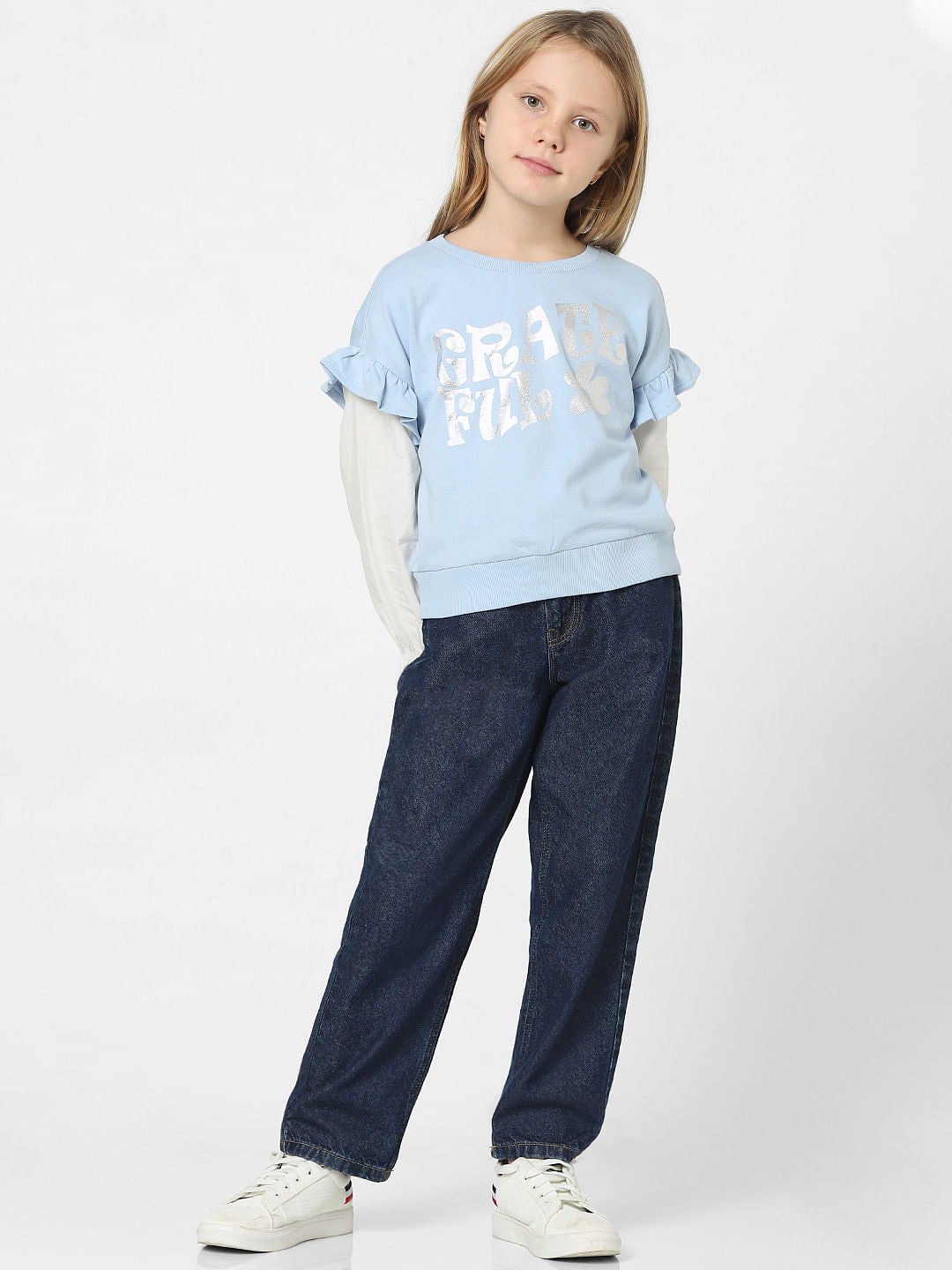 Girls Blue Foil Text Print Sweatshirt
