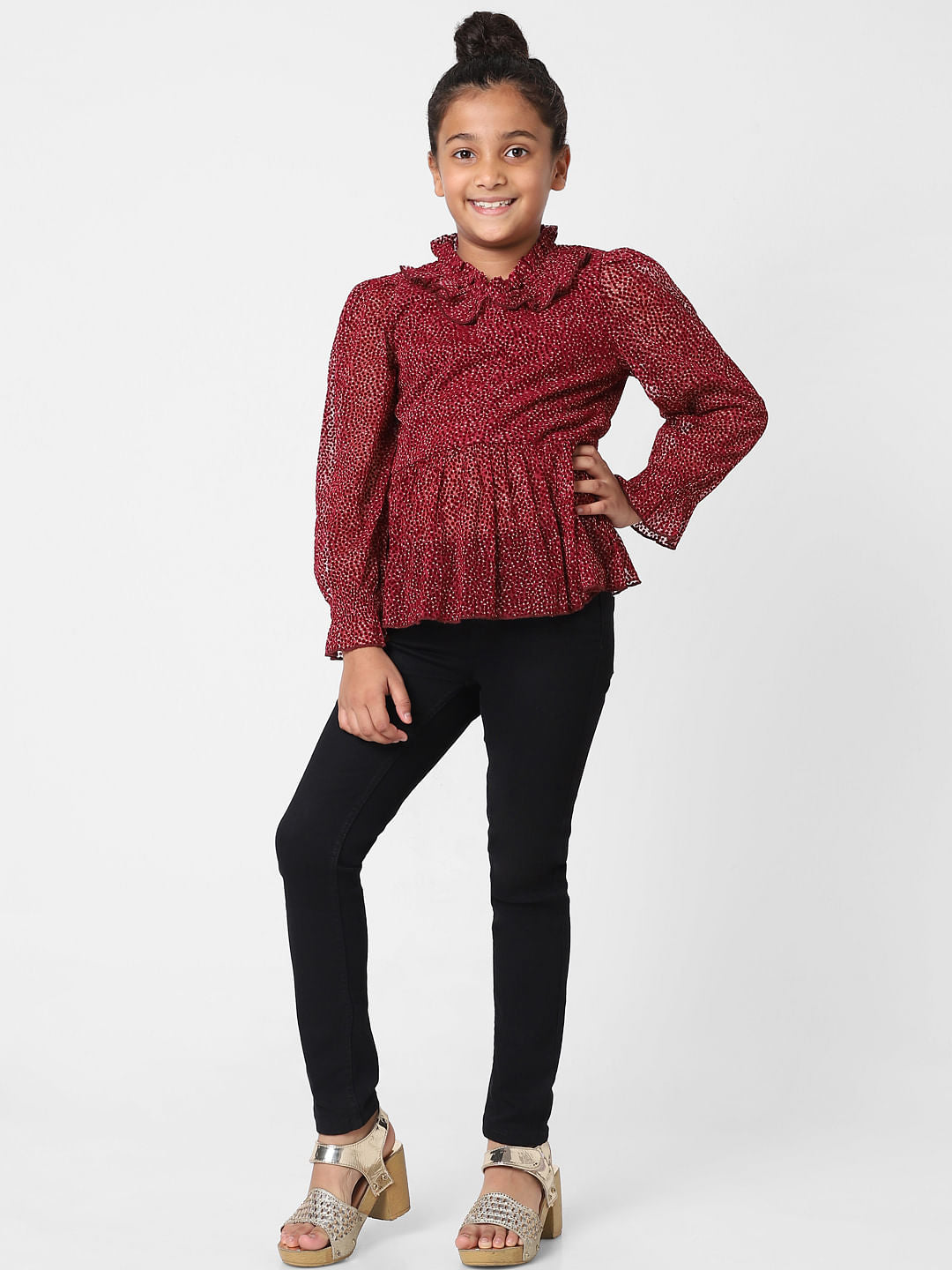 Girls Red Printed Peplum Top