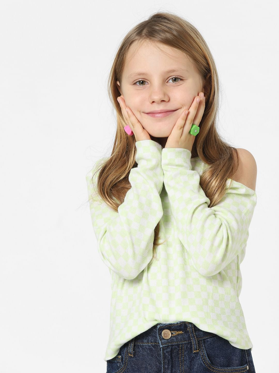 Girls Green Check Print T-Shirt