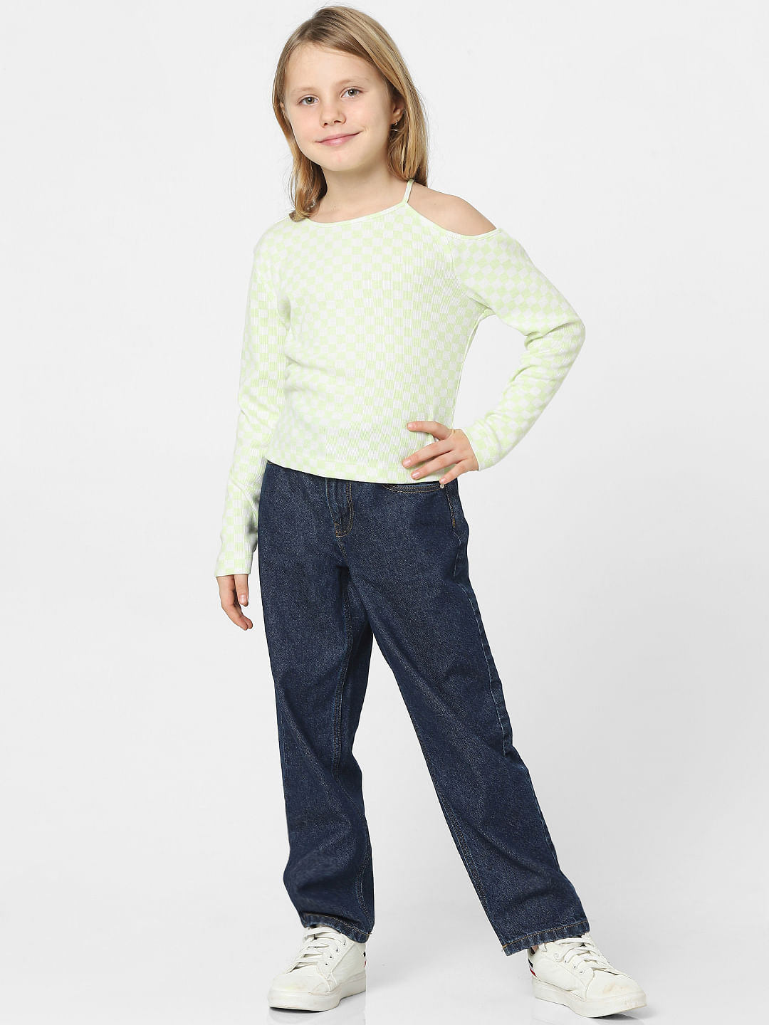 Girls Green Check Print T-Shirt