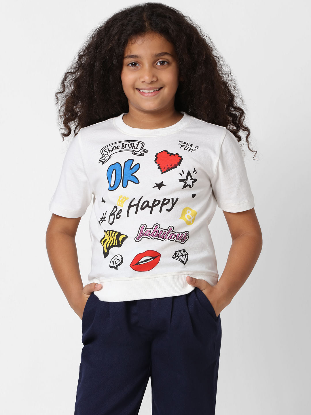Girls White Graphic Print T-Shirt
