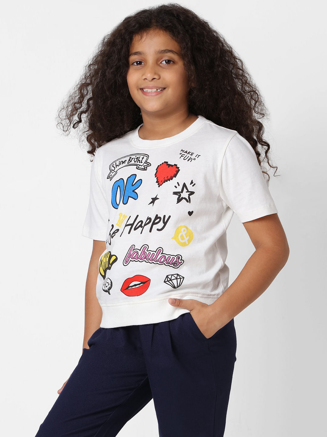 Girls White Graphic Print T-Shirt
