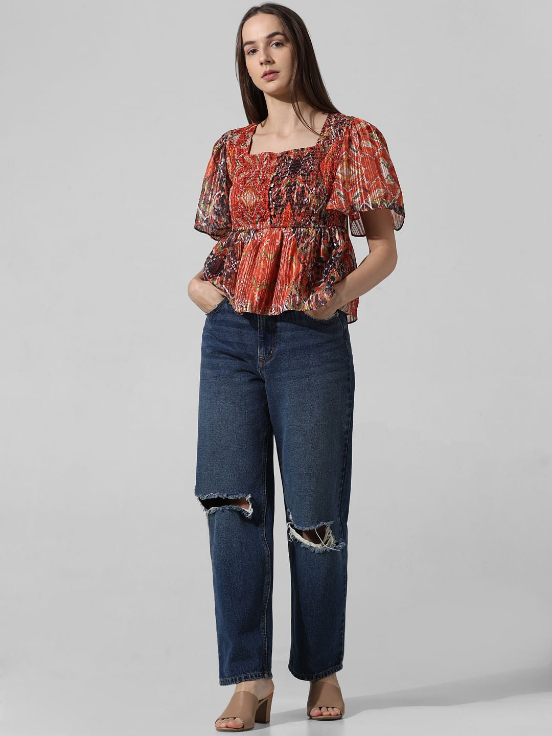 Brown Printed Smocked Top