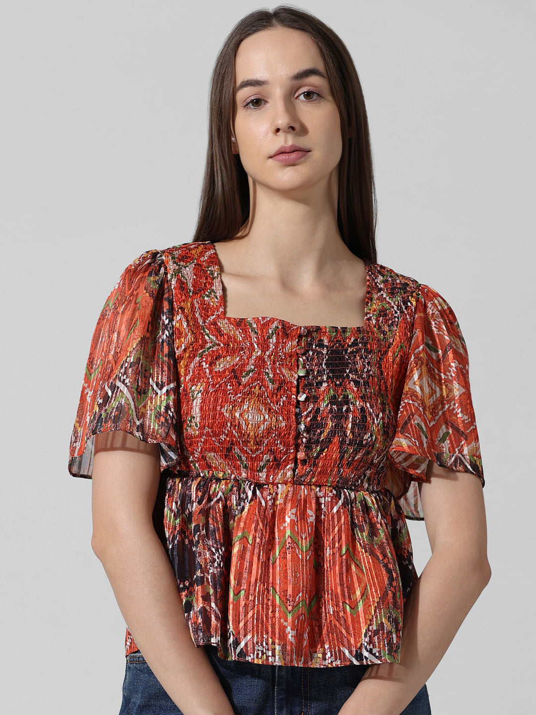 Brown Printed Smocked Top