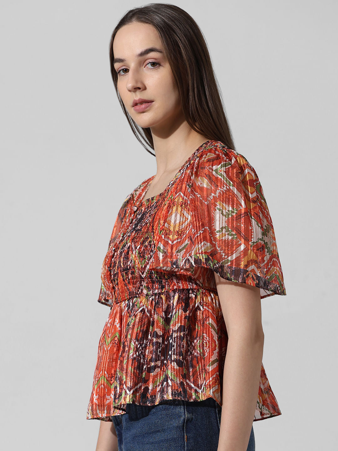 Brown Printed Smocked Top