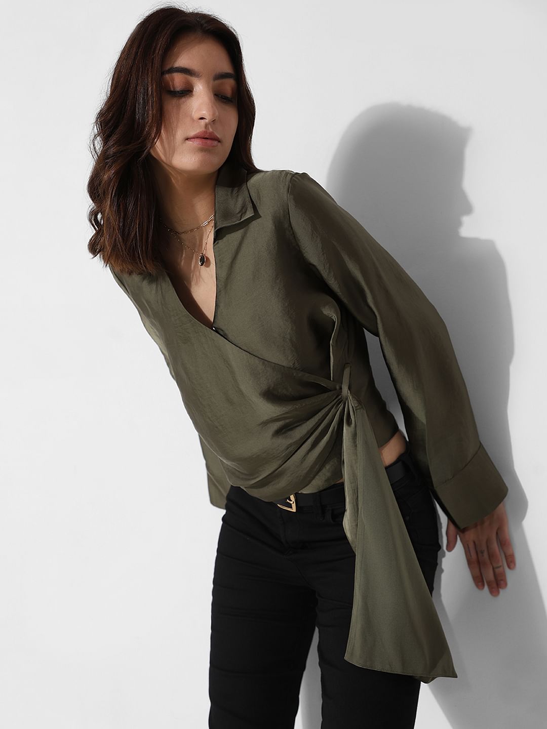 Dark Green Satin Wrap Top