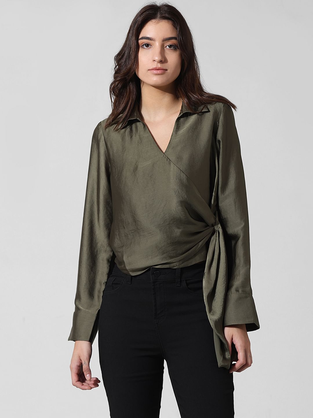 Dark Green Satin Wrap Top