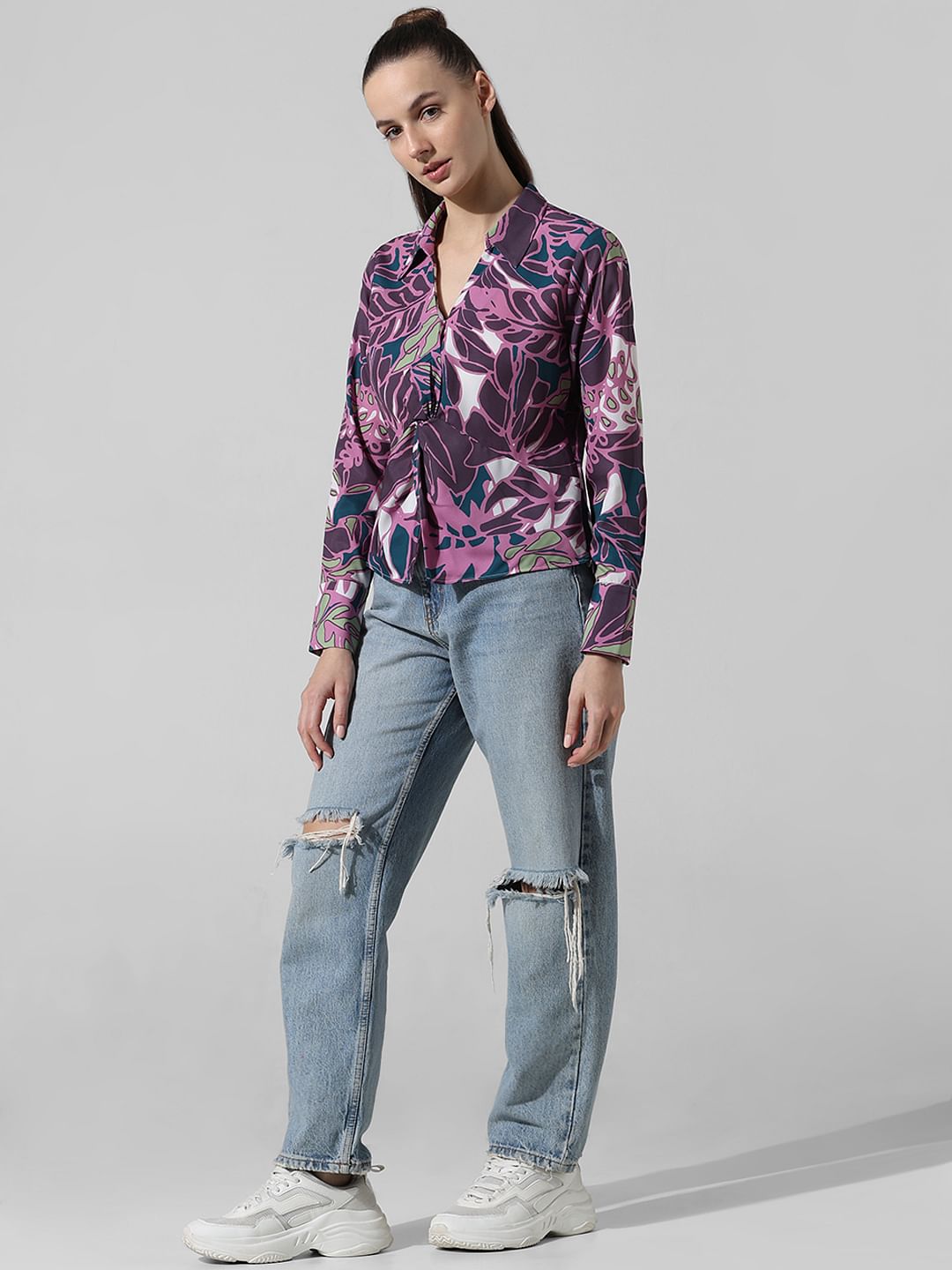 Purple Knot Detail Printed Shirt