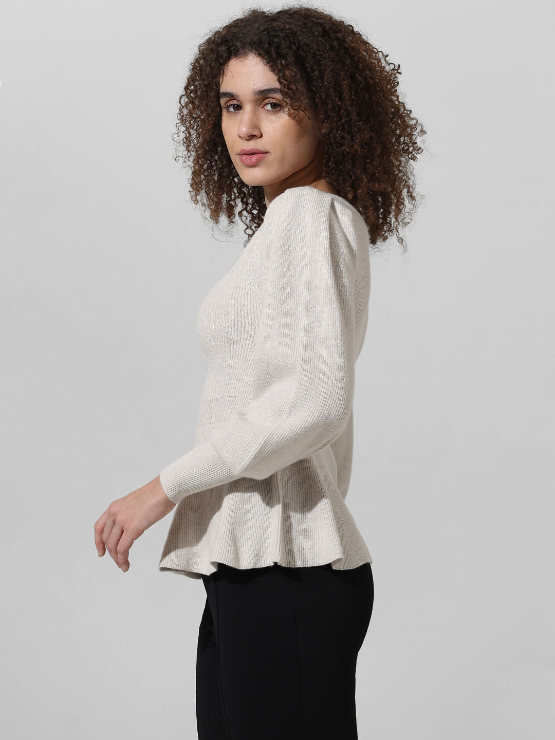Grey Rib-Knit Peplum Pullover