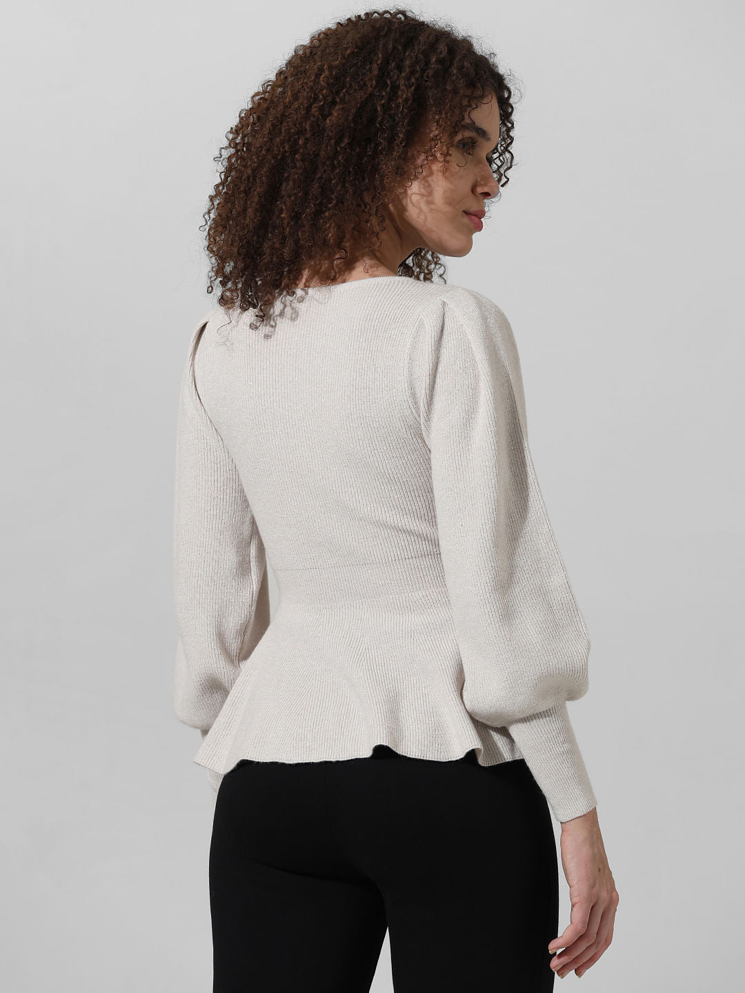 Grey Rib-Knit Peplum Pullover