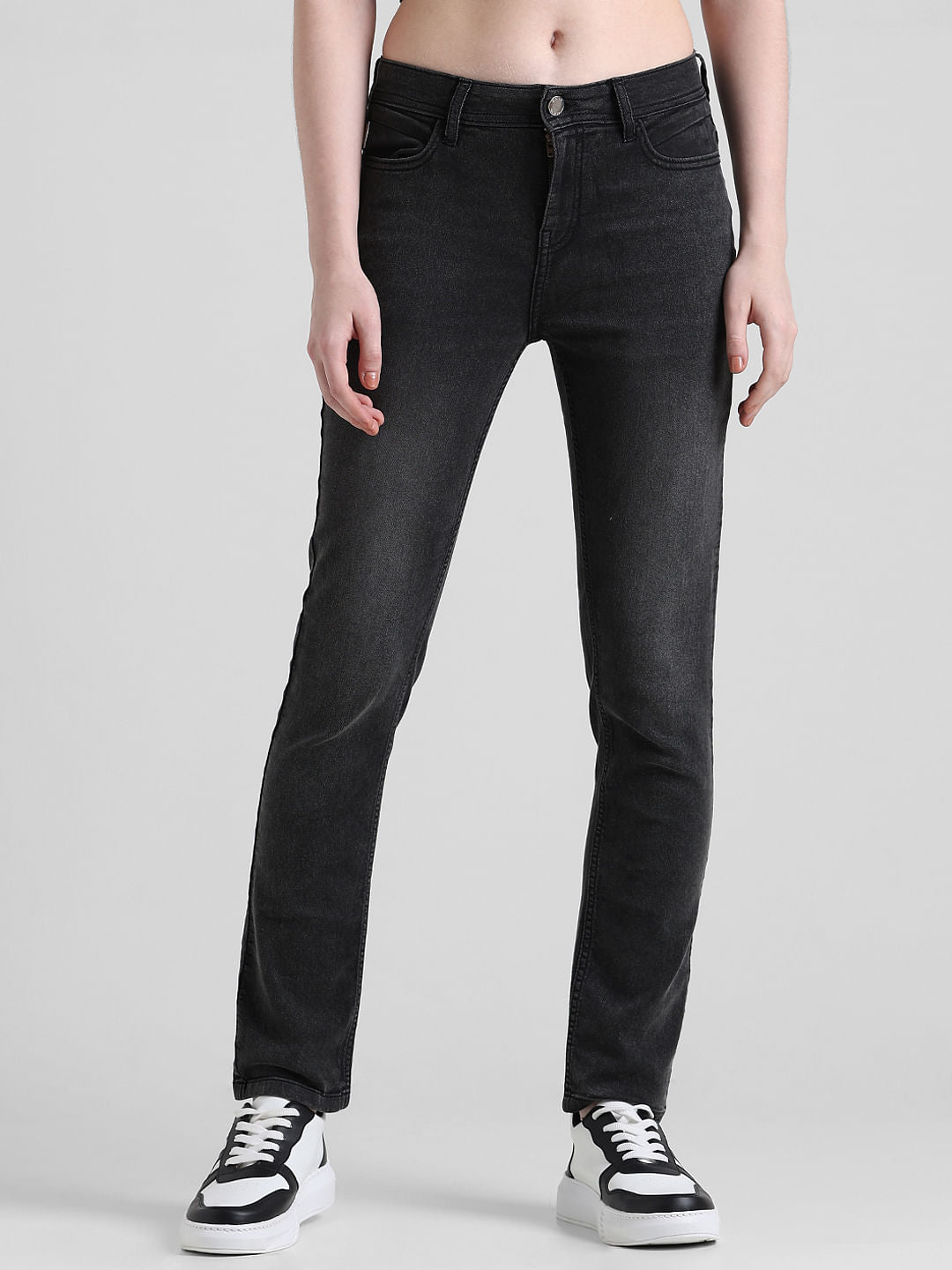 Grey Mid Rise Washed Slim Fit Jeans