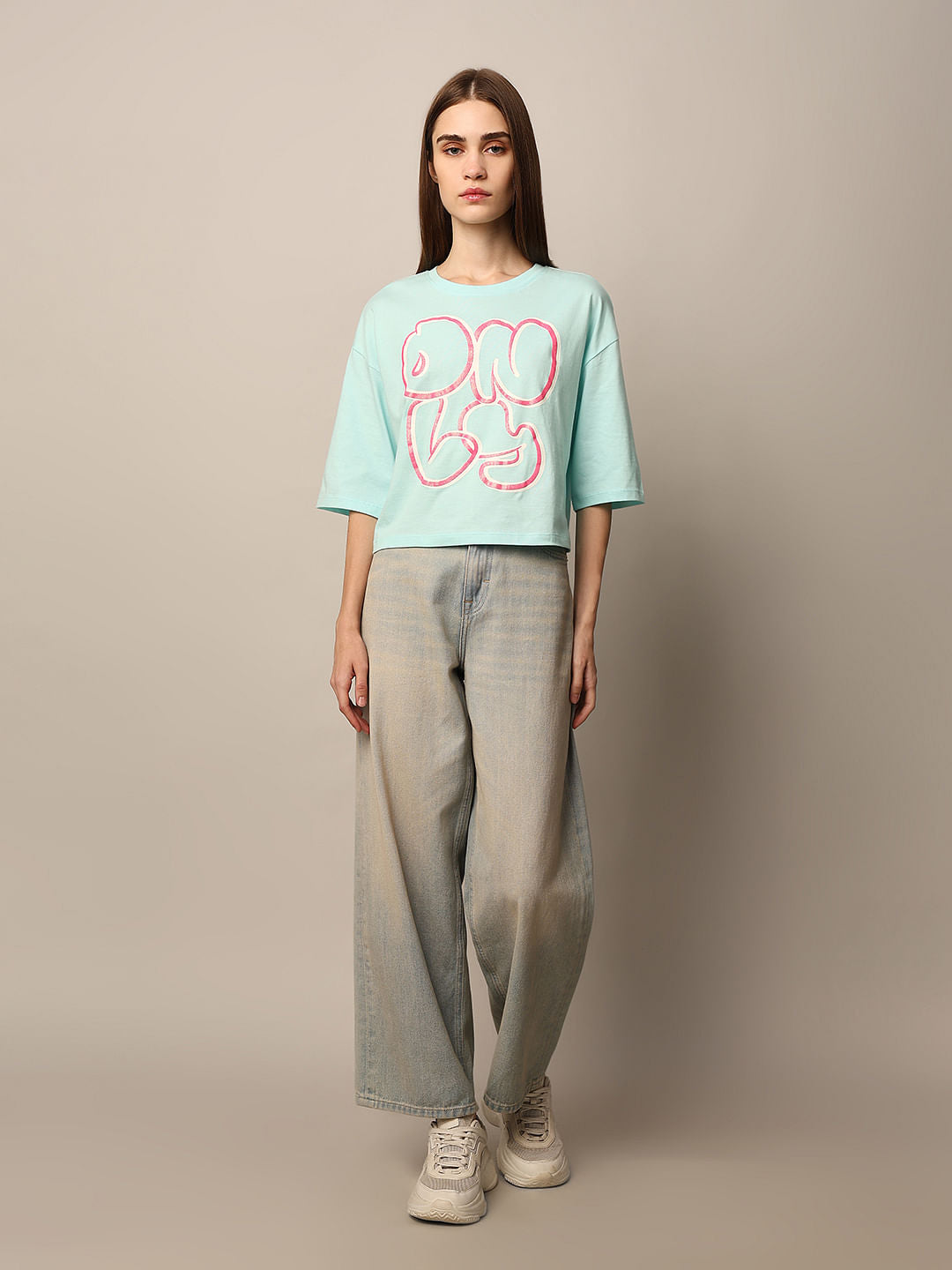 Light Bue Logo Text Boxy T-Shirt