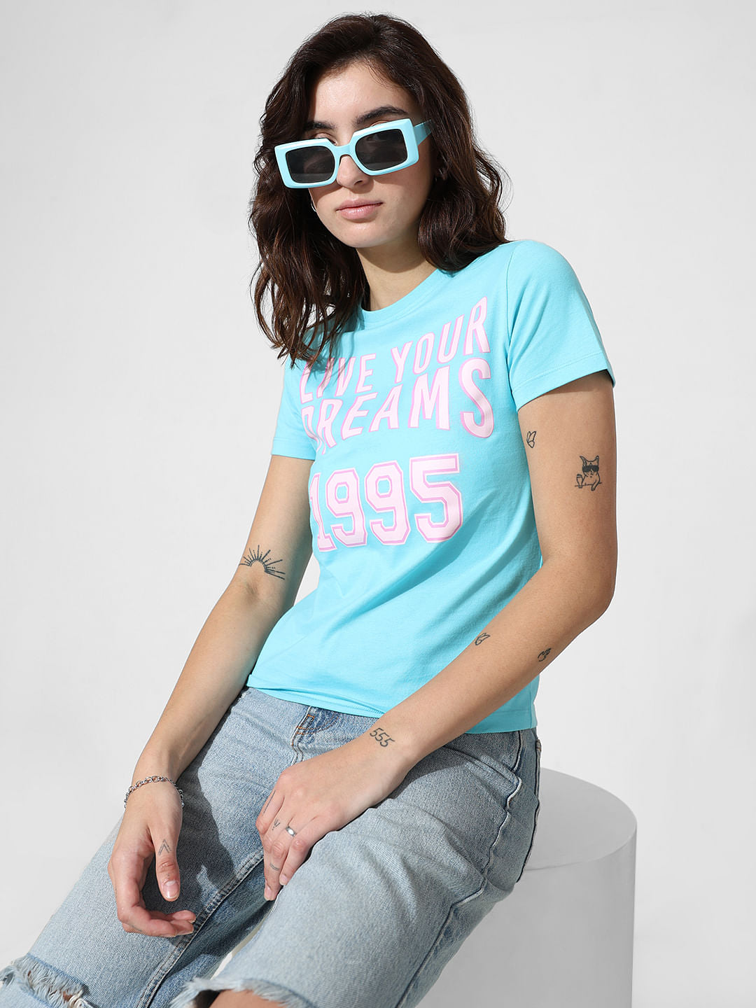 Blue Text Print T-Shirt