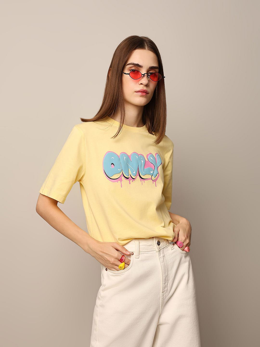 Pale Yellow Logo Print Cotton T-Shirt