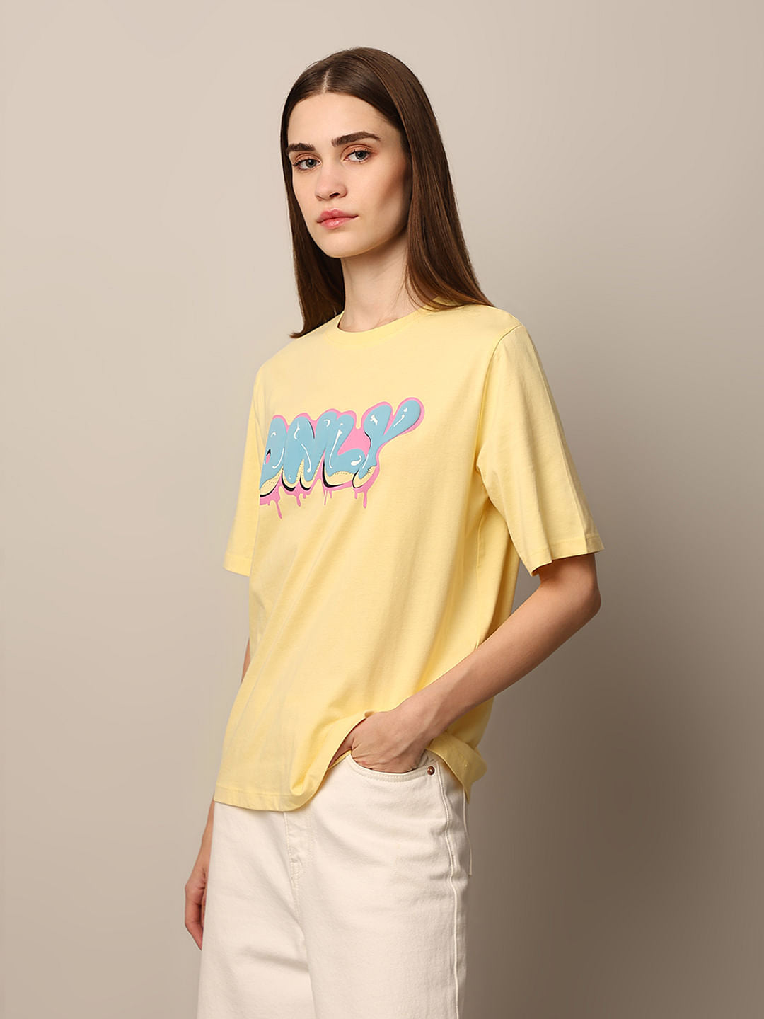 Pale Yellow Logo Print Cotton T-Shirt