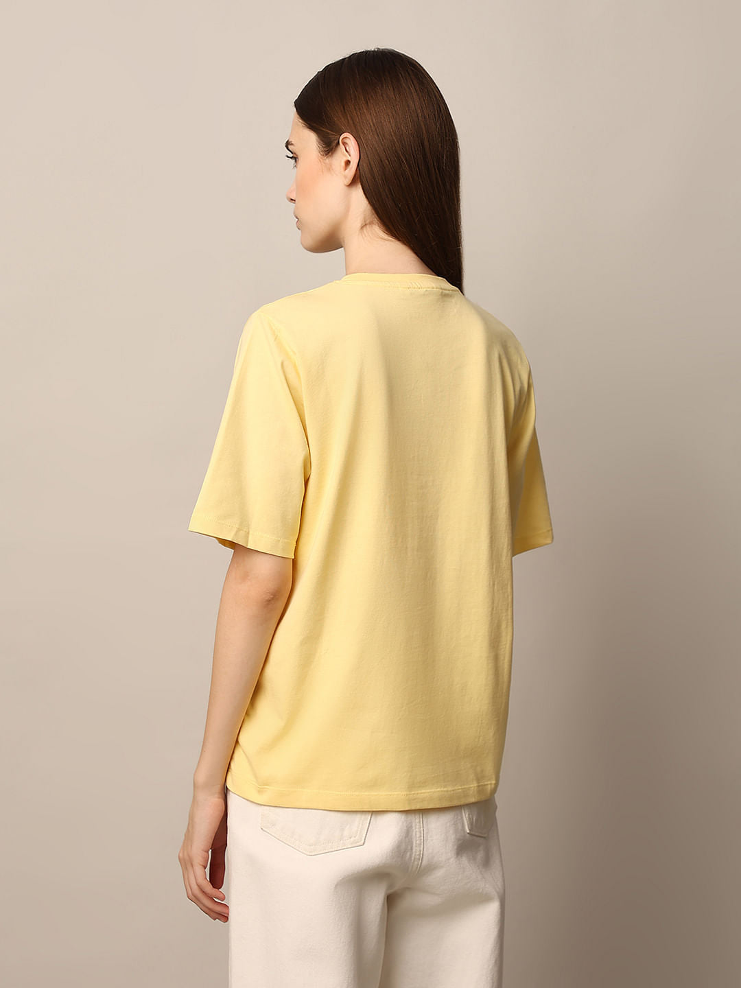 Pale Yellow Logo Print Cotton T-Shirt