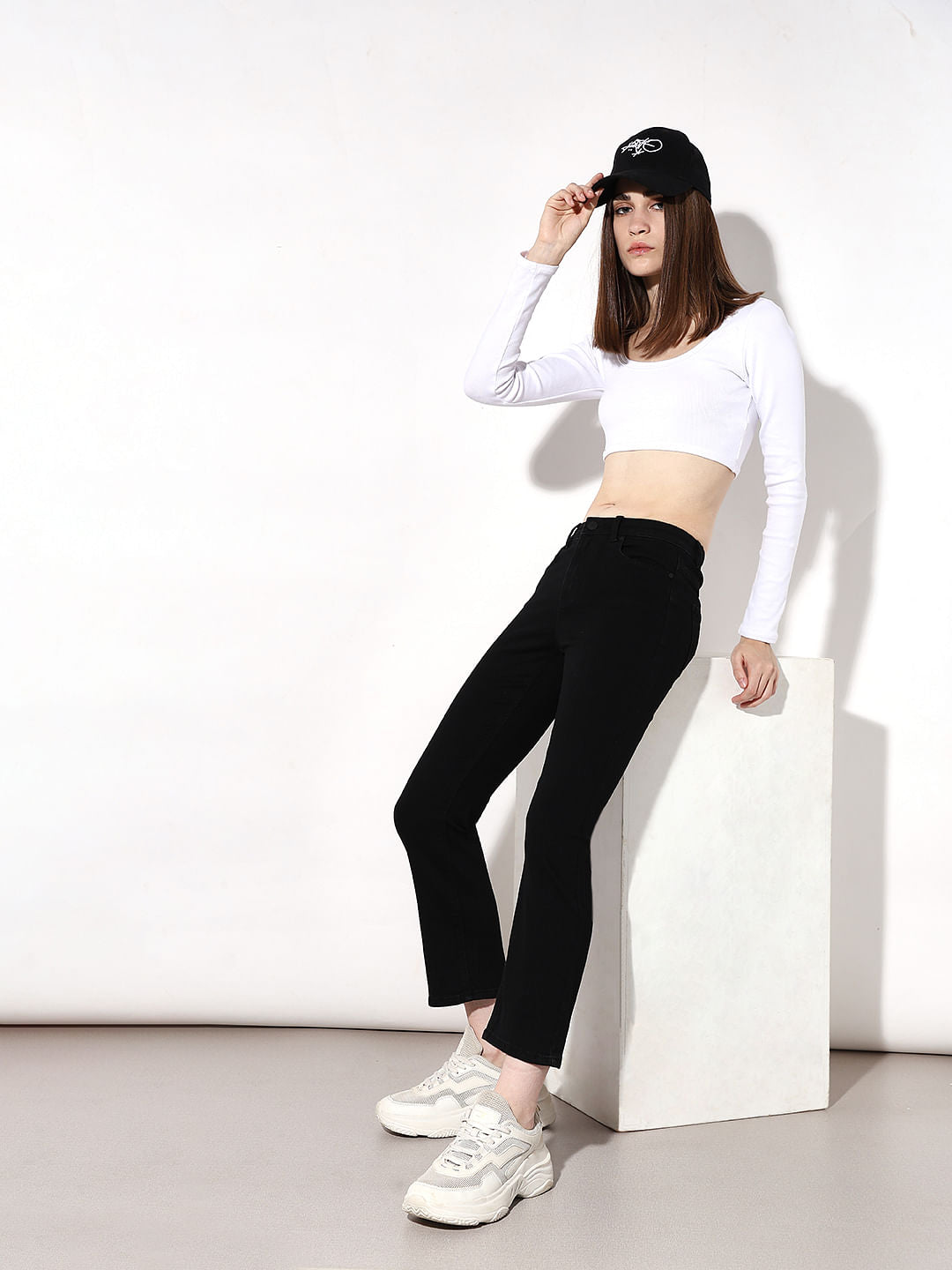Black Mid Rise Cropped Flared Jeans