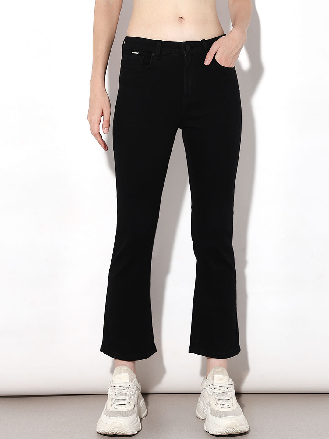 Black Mid Rise Cropped Flared Jeans