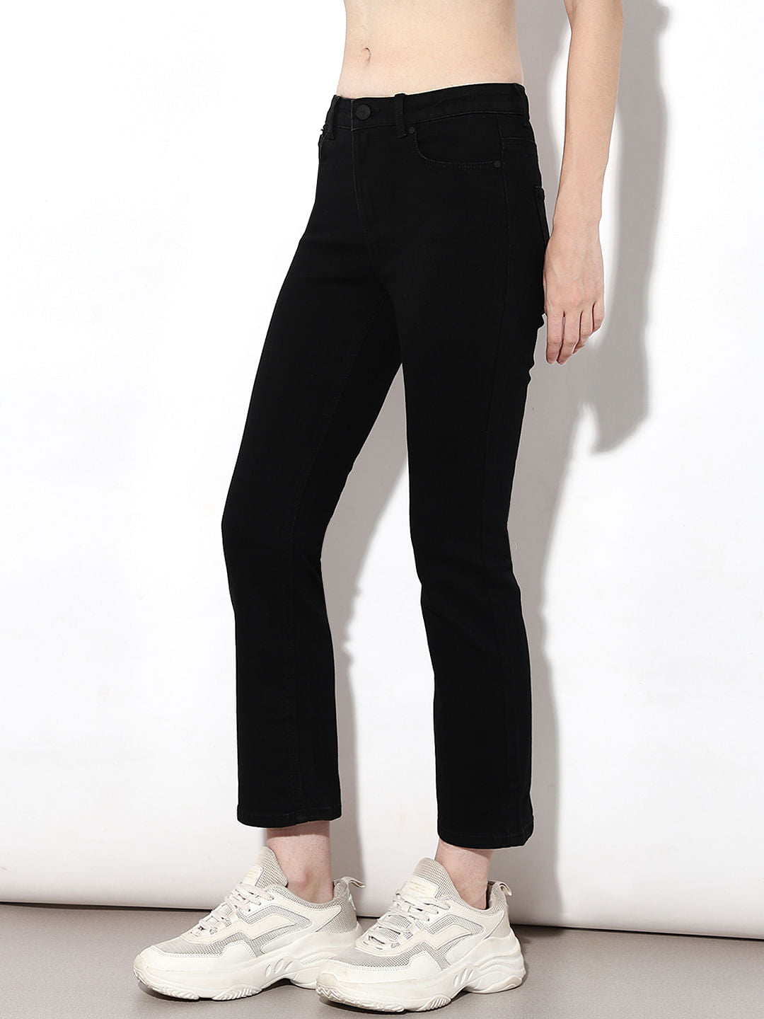 Black Mid Rise Cropped Flared Jeans