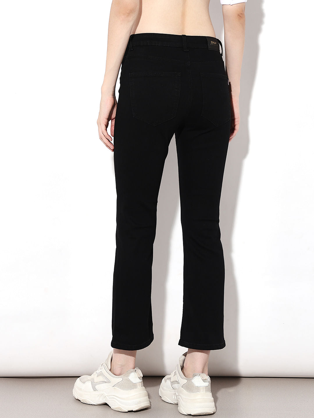 Black Mid Rise Cropped Flared Jeans