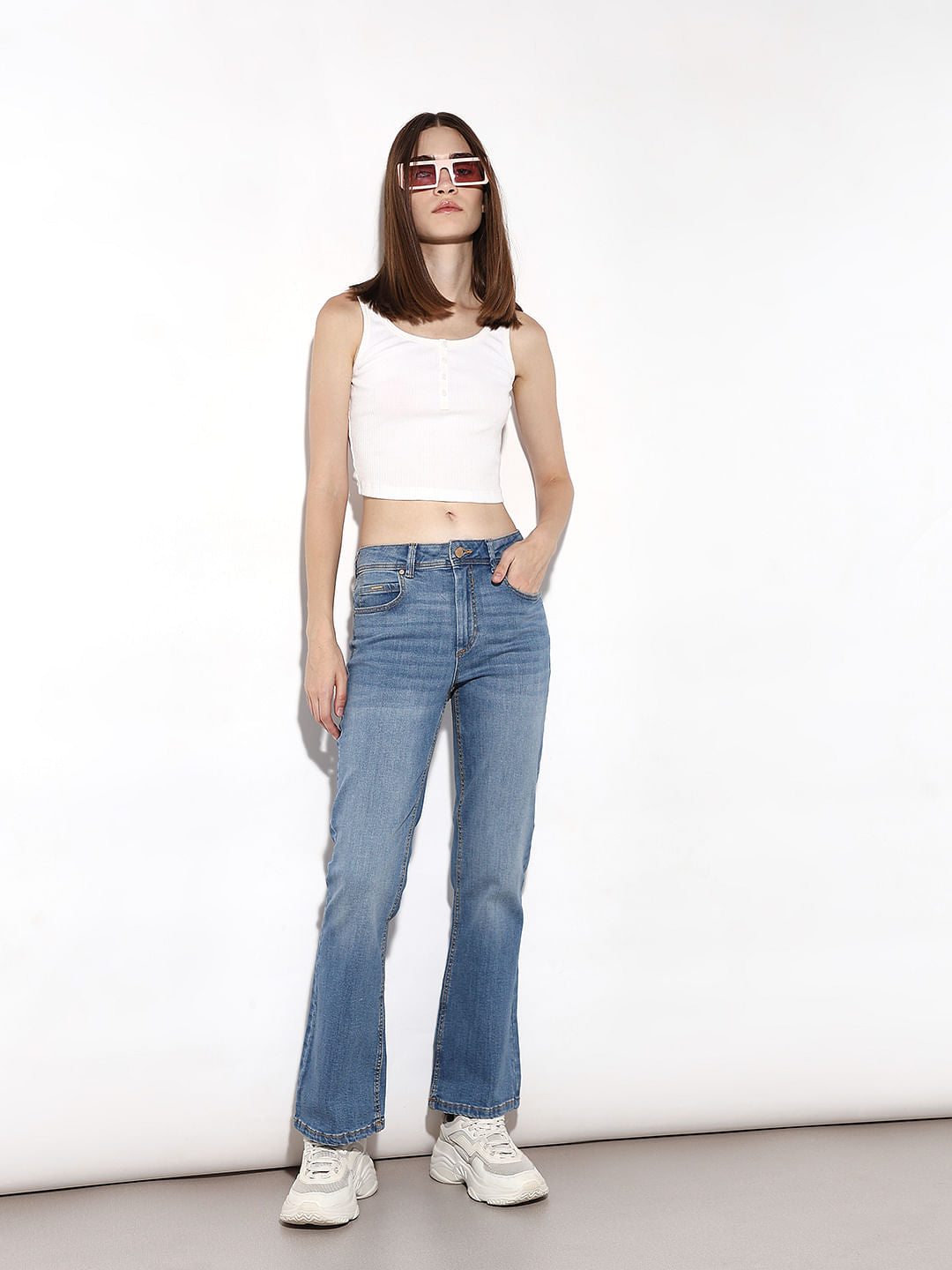 Blue High Rise Flora Flared Jeans