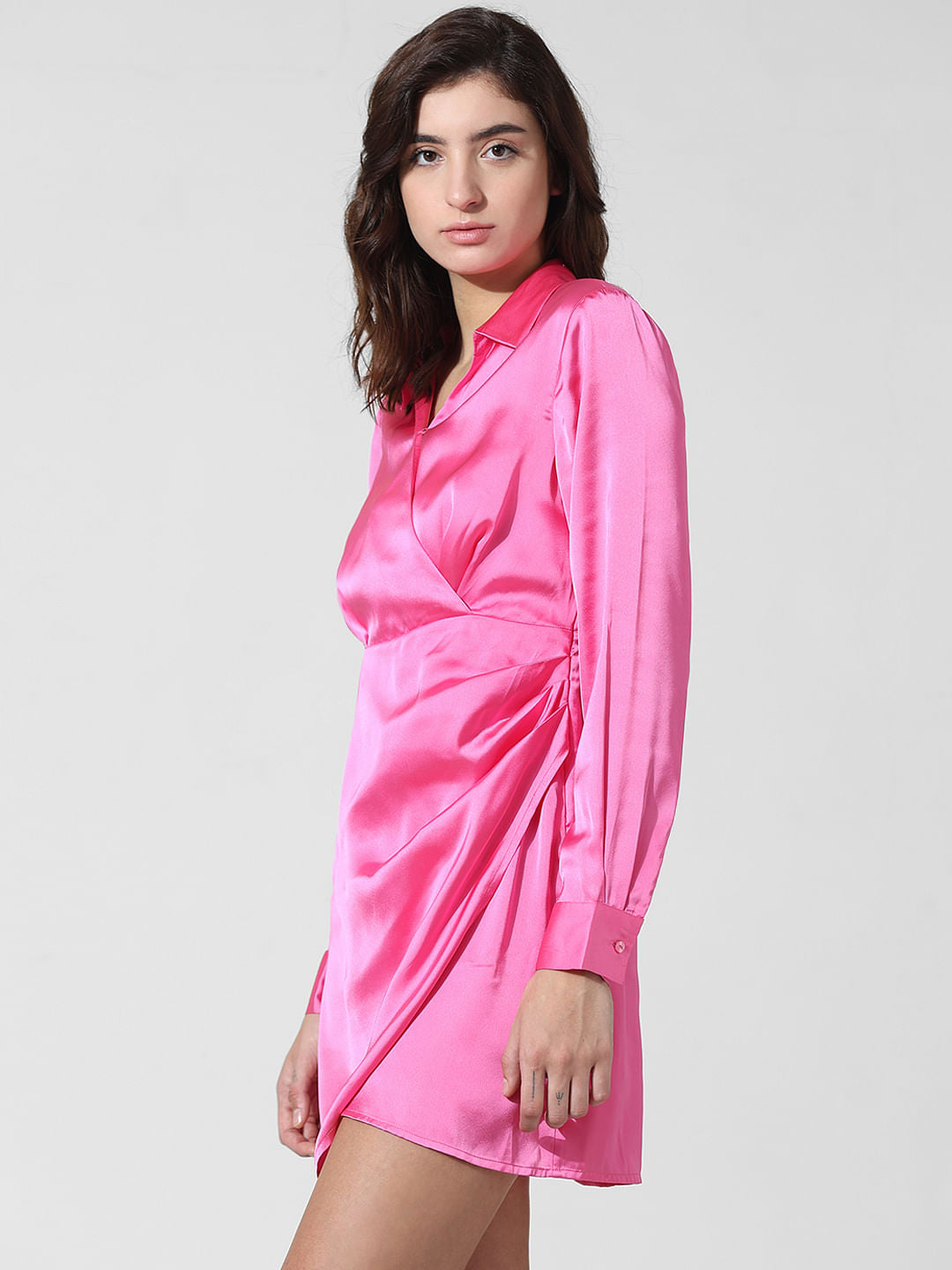 Pink Satin Shirt Dress
