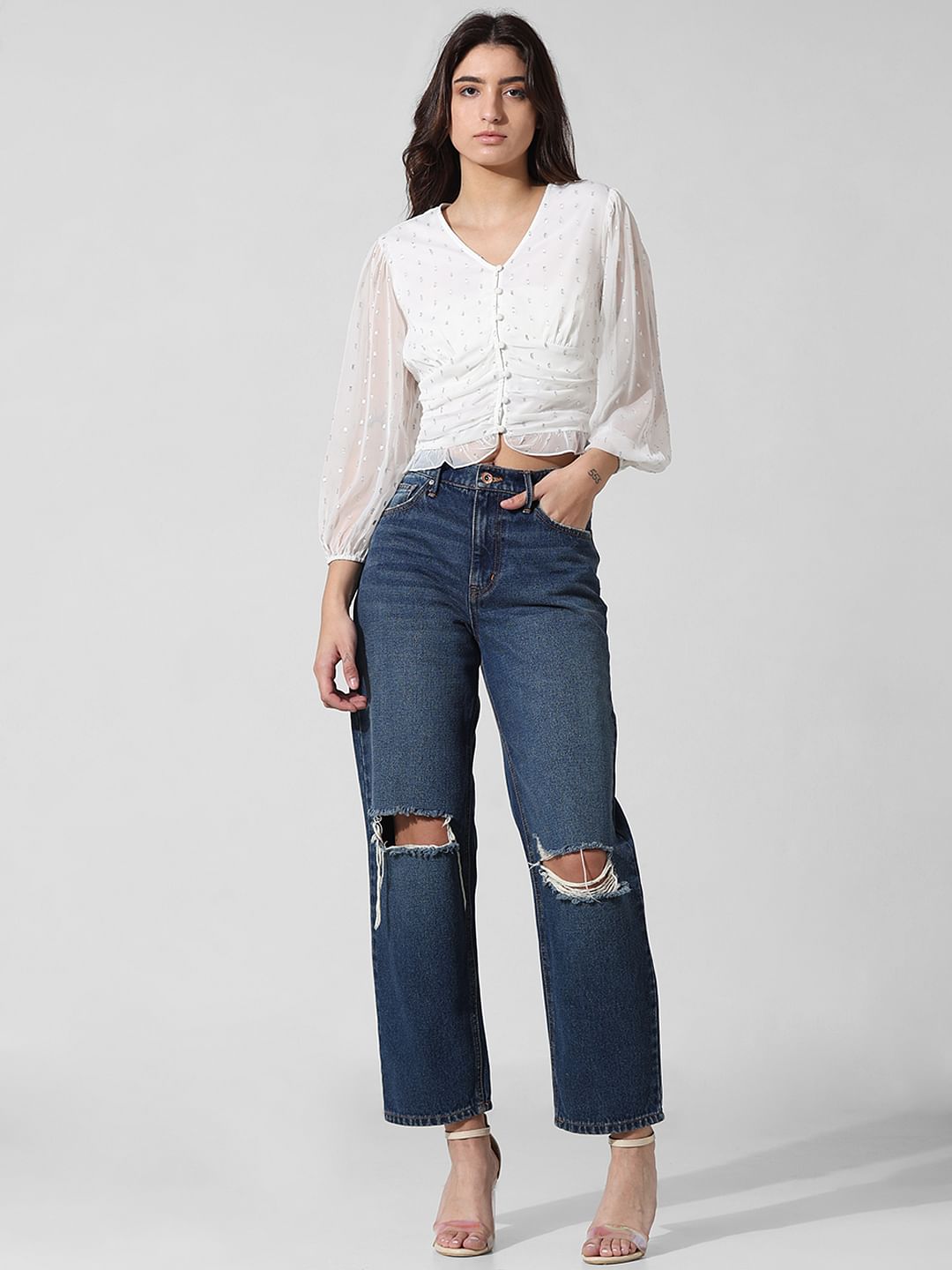 White Cropped V-Neck Top