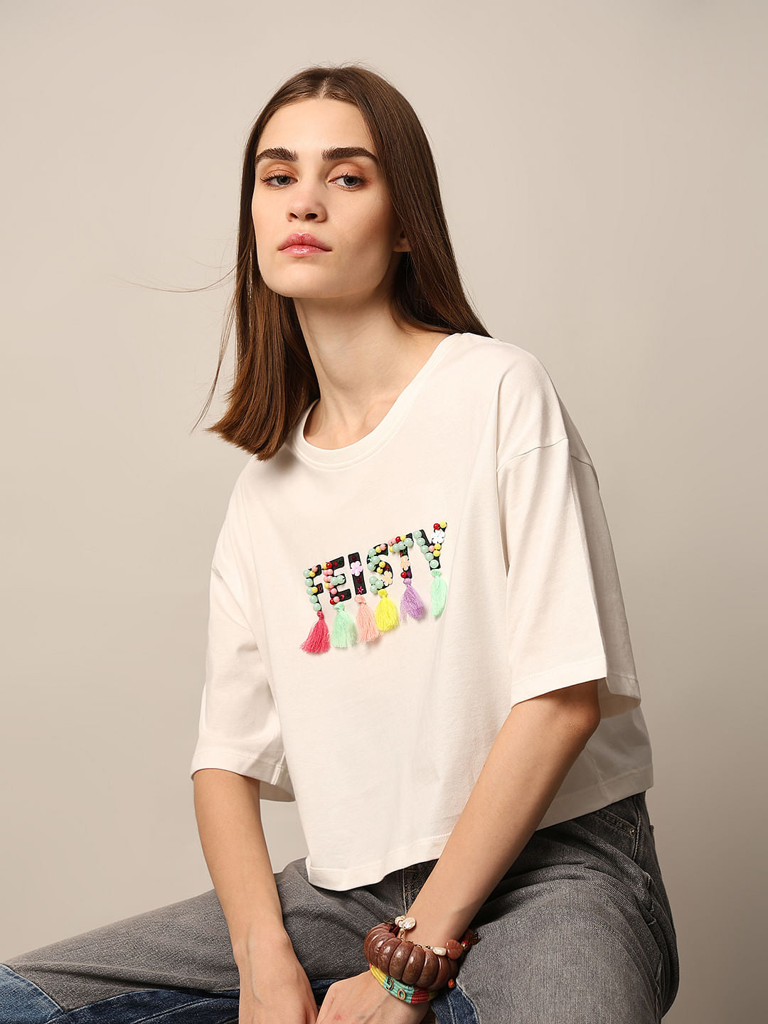 White Bead Decorated Cotton T-Shirt