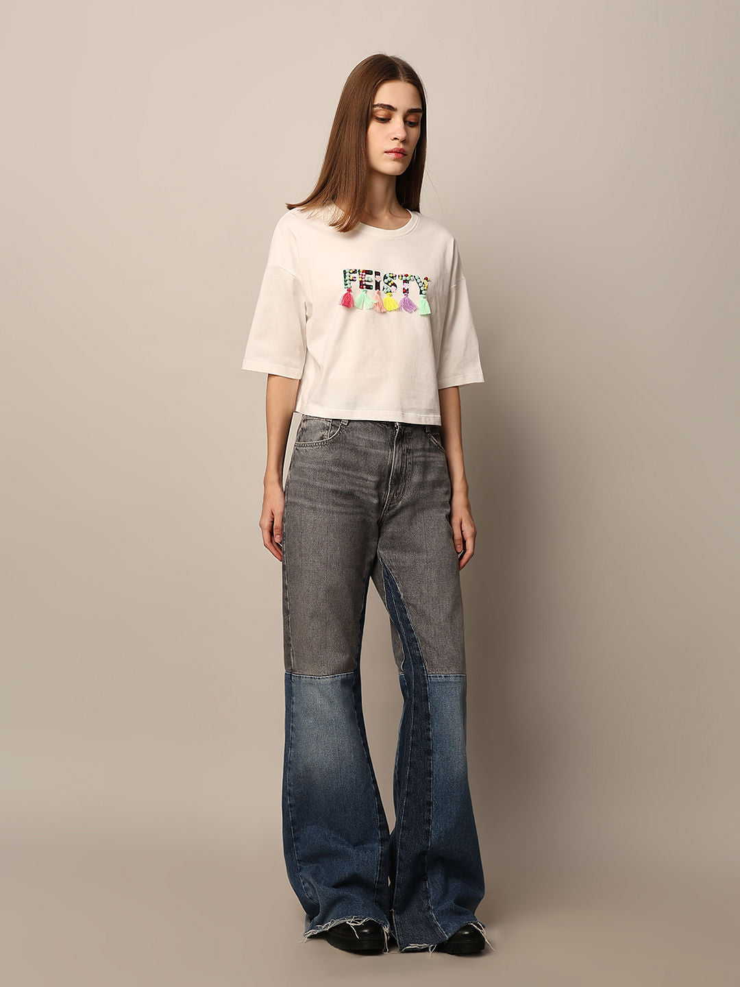 White Bead Decorated Cotton T-Shirt