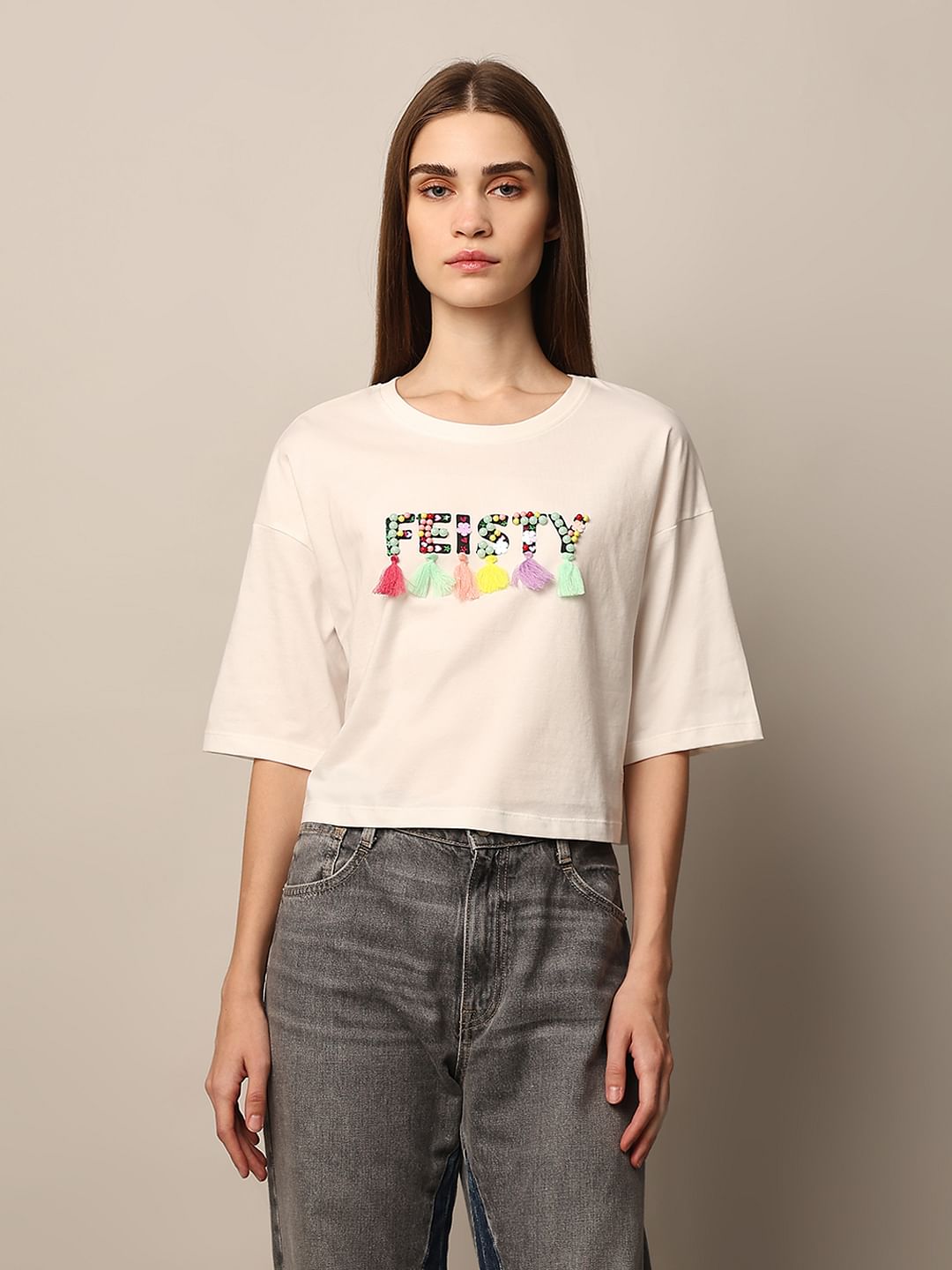 White Bead Decorated Cotton T-Shirt