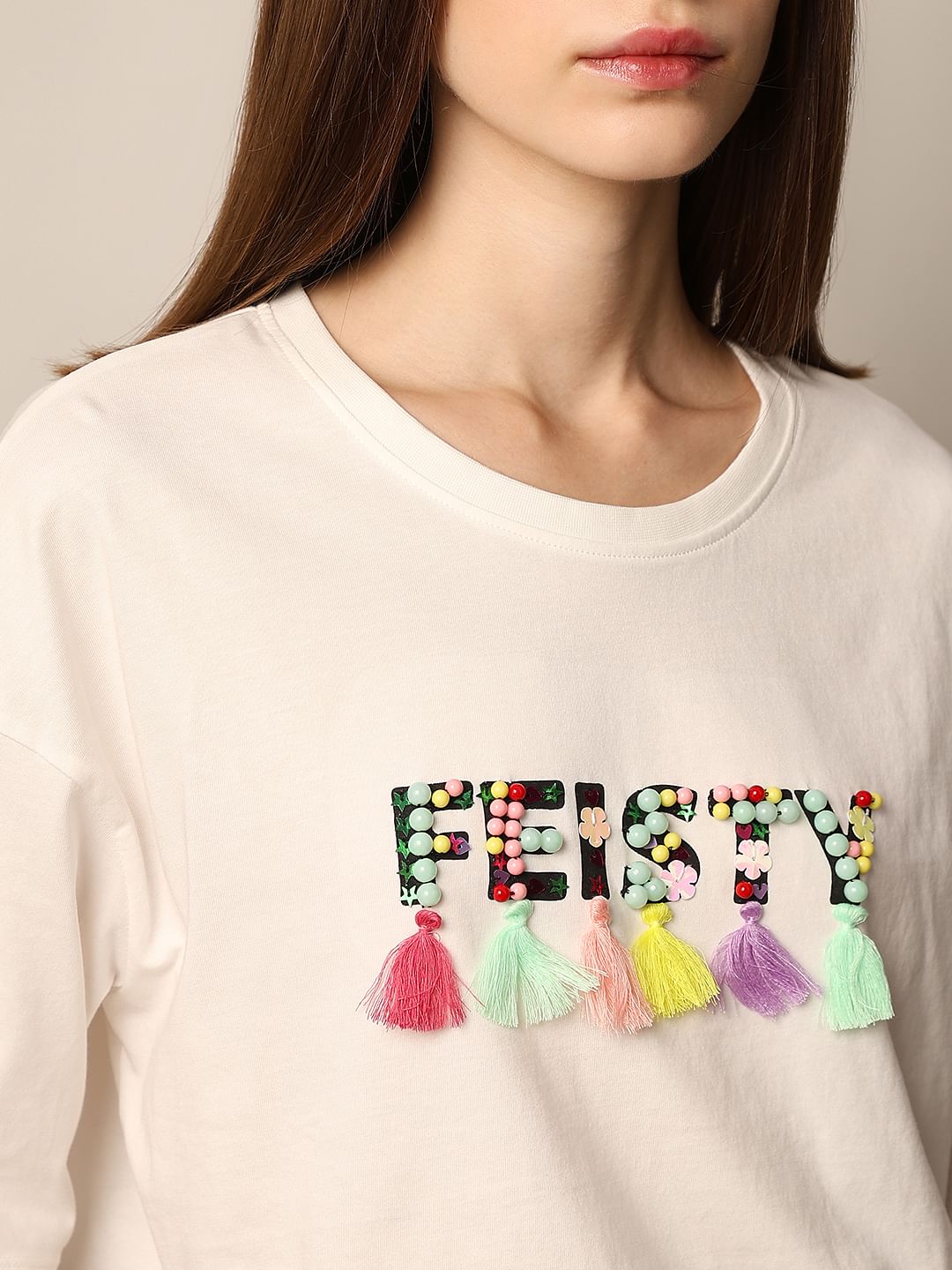 White Bead Decorated Cotton T-Shirt